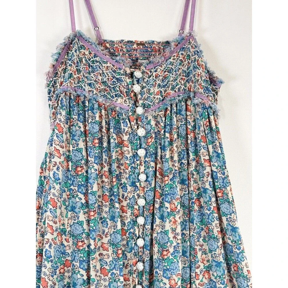 Free People Maxi Dress Blue Molly Jo Floral Button Down Cutout Back Smocked XS